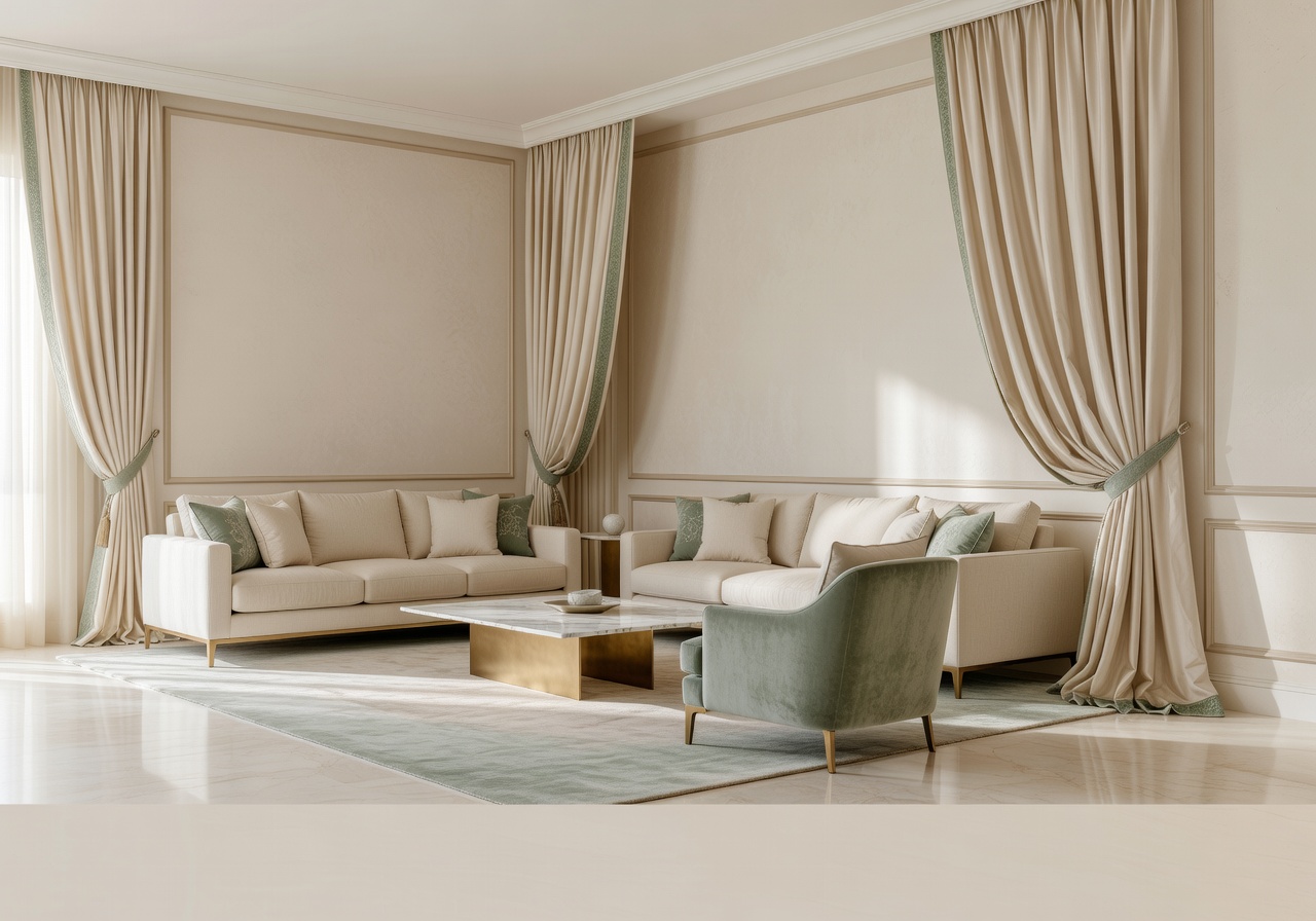 Serene luxury living room interior with elegant custom drapery, soft natural light, and a calm sophisticated atmosphere